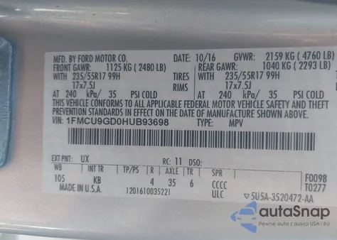 2017 Ford Escape Se из США, поврежденный, VIN 1FMCU9GD0HUB93698